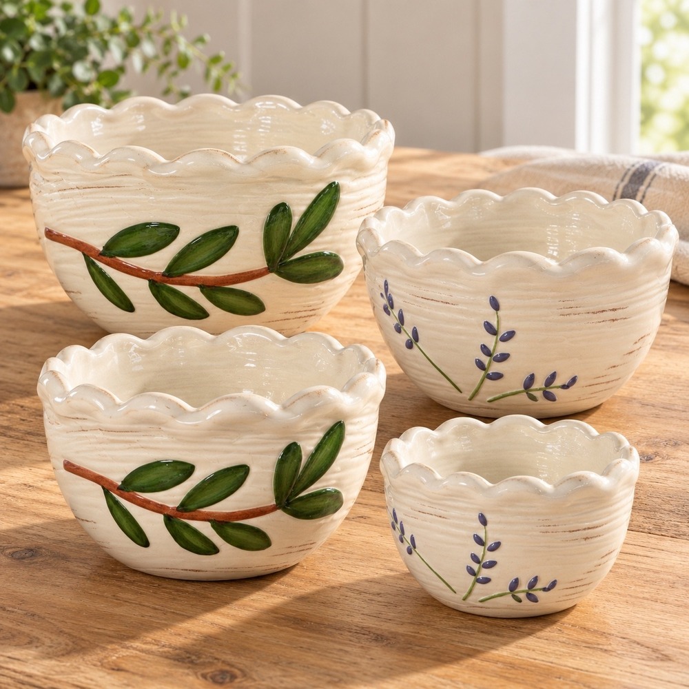 Tuscan French Floral Design Nesting Mixing Bowls Scalloped Edge Set of 4 Ceramic